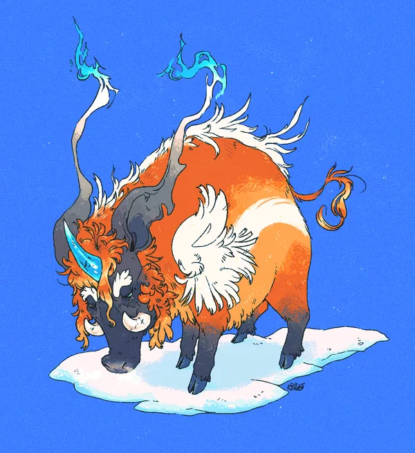 A monster similar in appearance to a large, orange boar. The boar has a dark face, a long white streak along its body, and tufts of feather-like fur around its shoulders and neck. It has a single long blue horn in the center of its head and two large tusks. It has a line of white fur down the center of its back, and a whispy tail of effervecent orange fur.